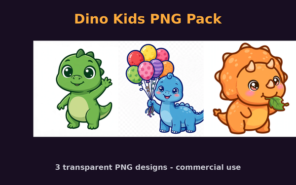 Dino Kids PNG Pack — 3 Commercial-Use Designs