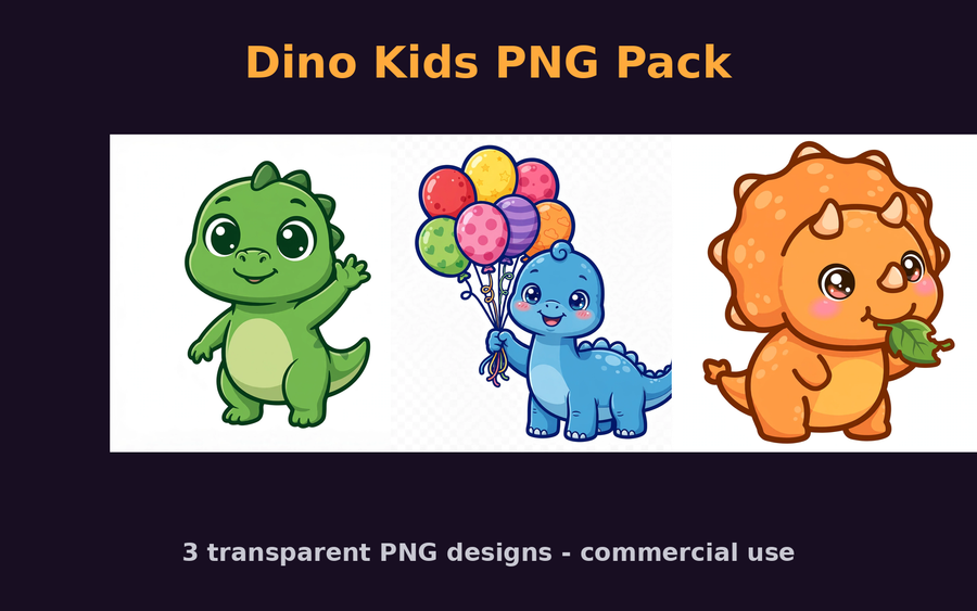 Dino Kids PNG Pack — 3 Commercial-Use Designs