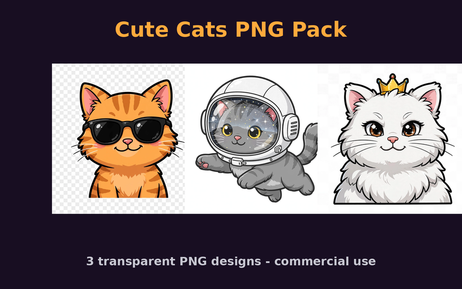 Cute Cats PNG Pack — 3 Commercial-Use Designs